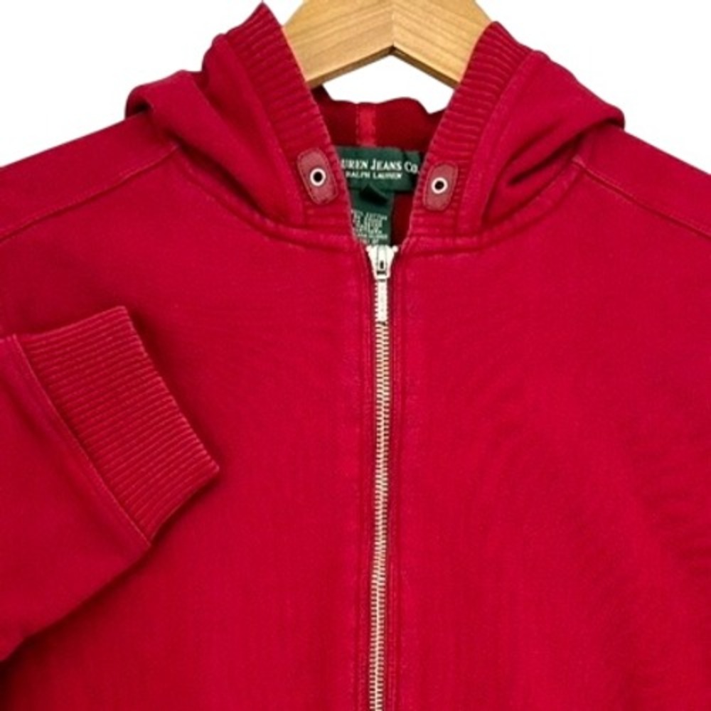 VTG 90s Lauren Jeans Co Ralph Lauren Red Zip Cotton Hoodie Leather Trim Womens M